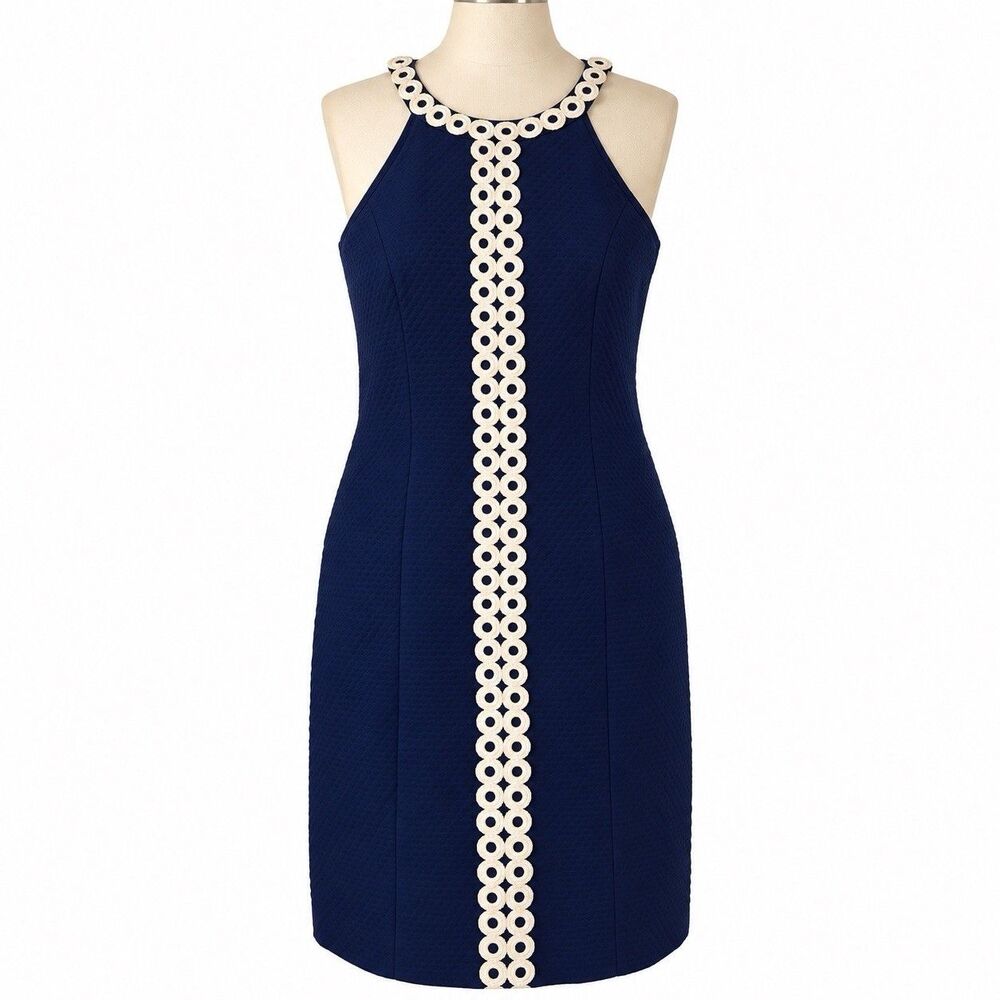 Lilly Pulitzer Dress Size 4 Navy Blue Gold Trim Sleeveless Sheath Shift Cotton